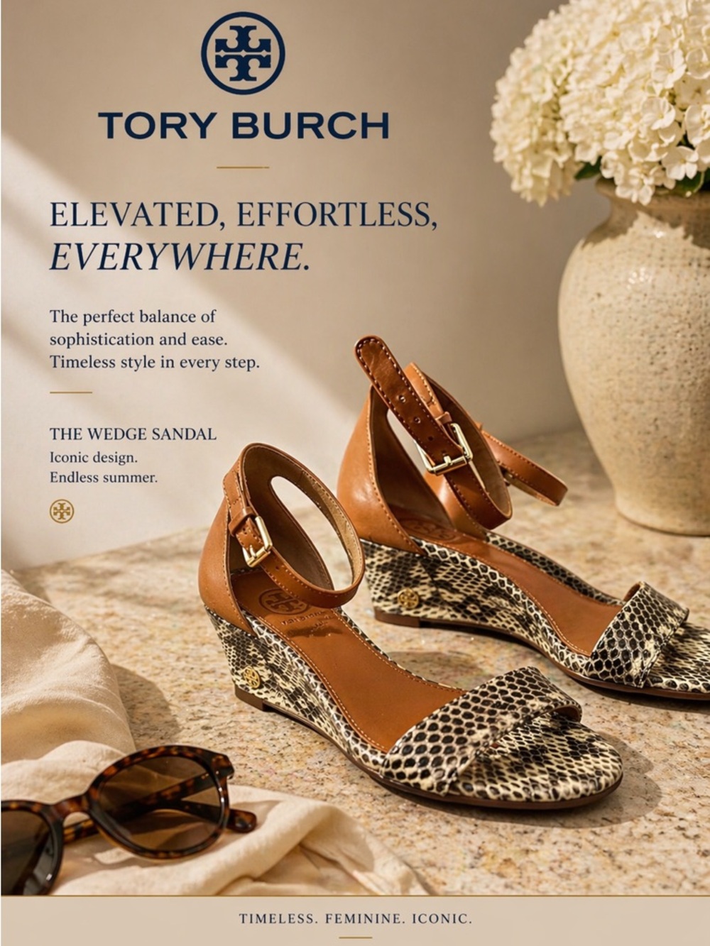 Tory Burch Tan & Snake-Print Ankle-Strap Wedge Sandals size 8.5 NEW